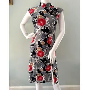 Vintage Y2k Asian-Inspired Floral Cheongsam Dress Gray Red Black size XXS